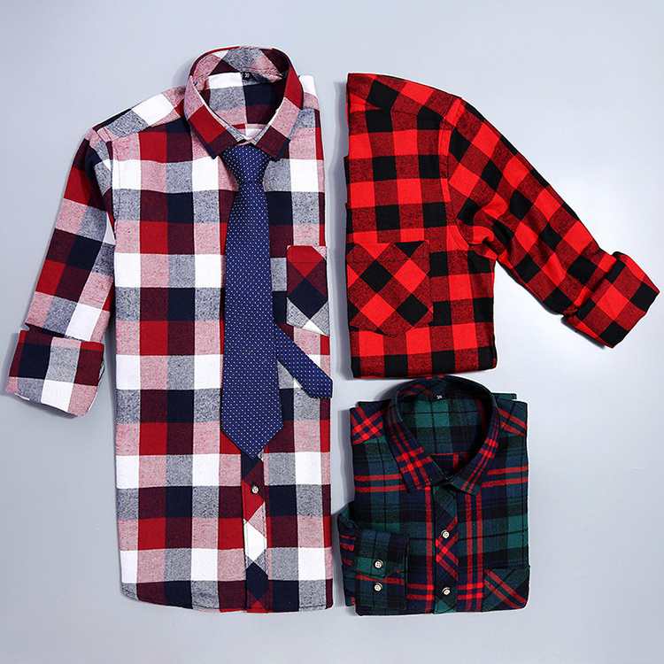 Custom Wholesale Clothing Casual Wear Breathable Red Green Long Sleeve Pocket Flannel Plaid Check Shirts For Mens