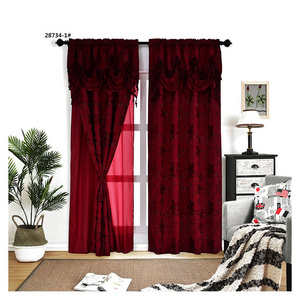 Hot Selling Fancy Jacquard Dark Red Blackout Home Living Room Arabic Window Curtains And Drapes With Valance