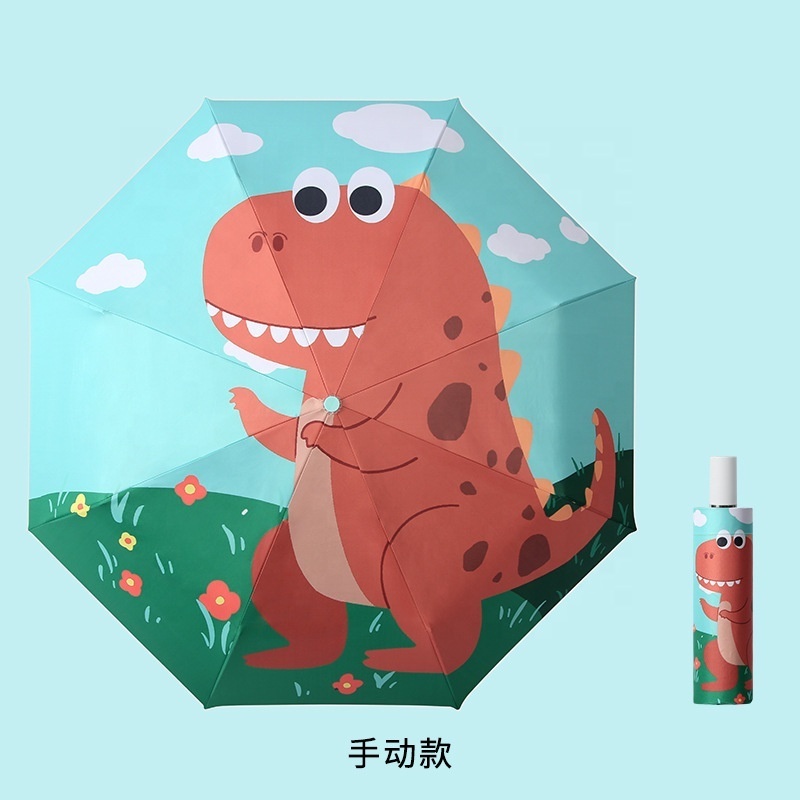 Cute Design Cartoon Dinosaur Travel  Kids Folded Umbrella Children' Anti UV 3 Folding Full Automatic Primary Scholar Umbrella