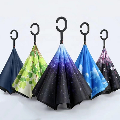 Semi-automatic Anti-ultraviolet Waterproof Reverse Straight Car Umbrella Double Layer Inverted Umbrella With C Shape Handle