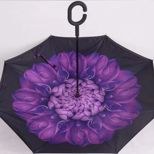 Semi-automatic Anti-ultraviolet Waterproof Reverse Straight Car Umbrella Double Layer Inverted Umbrella With C Shape Handle