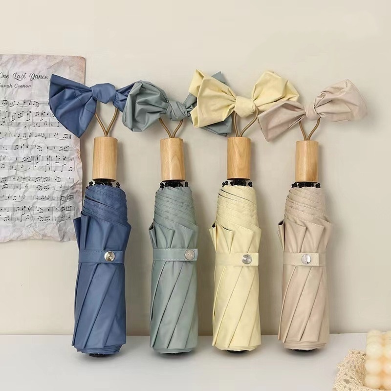 New Arrival Cute Lady Sunshade Paraguas Travel Pocket Rain Waterproof  3 Folding Wooden Umbrella With Butterfly Bowknot