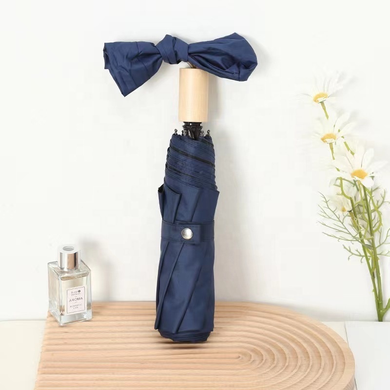 New Arrival Cute Lady Sunshade Paraguas Travel Pocket Rain Waterproof  3 Folding Wooden Umbrella With Butterfly Bowknot