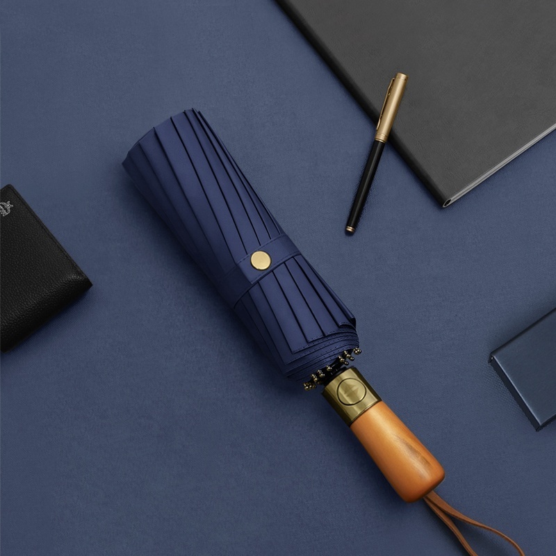 Business Men Reinforce Thicken Auto Open and Close Wooden Handle Folding Umbrella 16 Ribs High-end Luxury Button Nylon with Gold