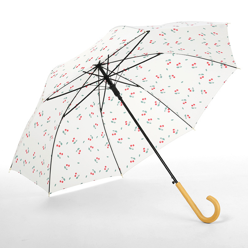 Wholesale Red Heart Cherry Fruit Pattern Lady Girl Cute Pink Long Handle Umbrella With Wooden J Shape Handle