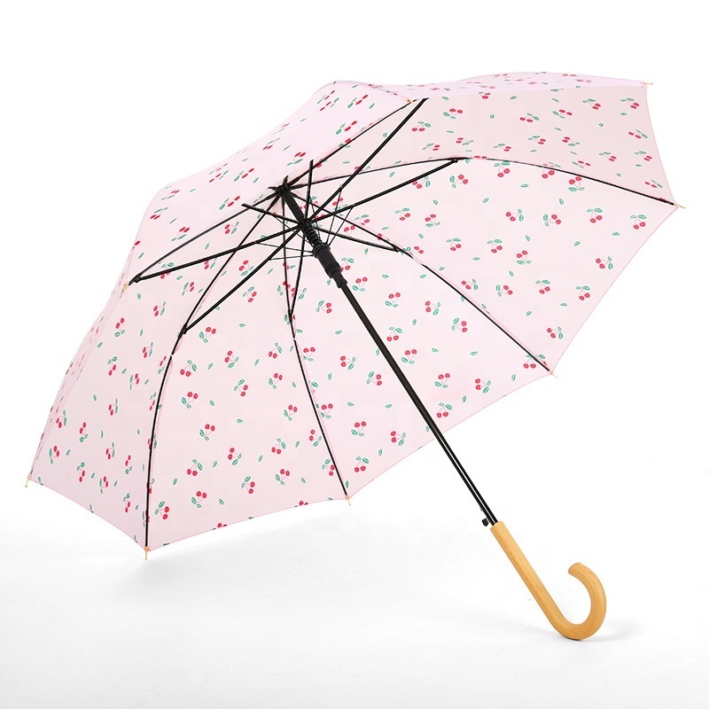 Wholesale Red Heart Cherry Fruit Pattern Lady Girl Cute Pink Long Handle Umbrella With Wooden J Shape Handle