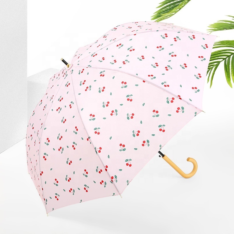 Wholesale Red Heart Cherry Fruit Pattern Lady Girl Cute Pink Long Handle Umbrella With Wooden J Shape Handle