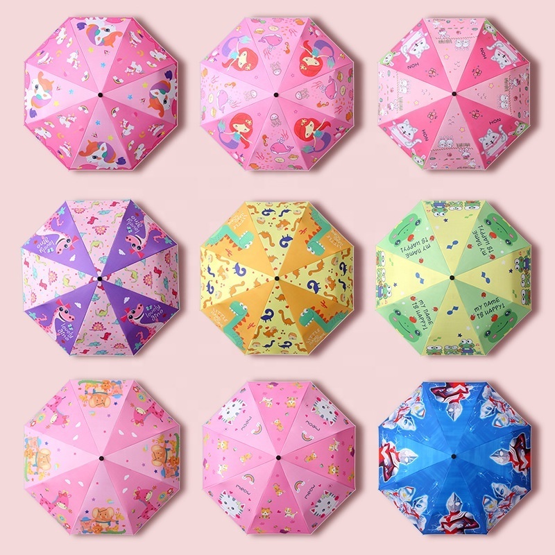 Wholesales Cute Design Cartoon Mermaid Princess Travel Kids Folded Umbrella Children' Anti UV 3 Folding Wooden Umbrella