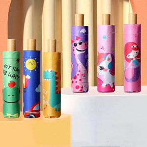 Wholesales Cute Design Cartoon Mermaid Princess Travel Kids Folded Umbrella Children' Anti UV 3 Folding Wooden Umbrella