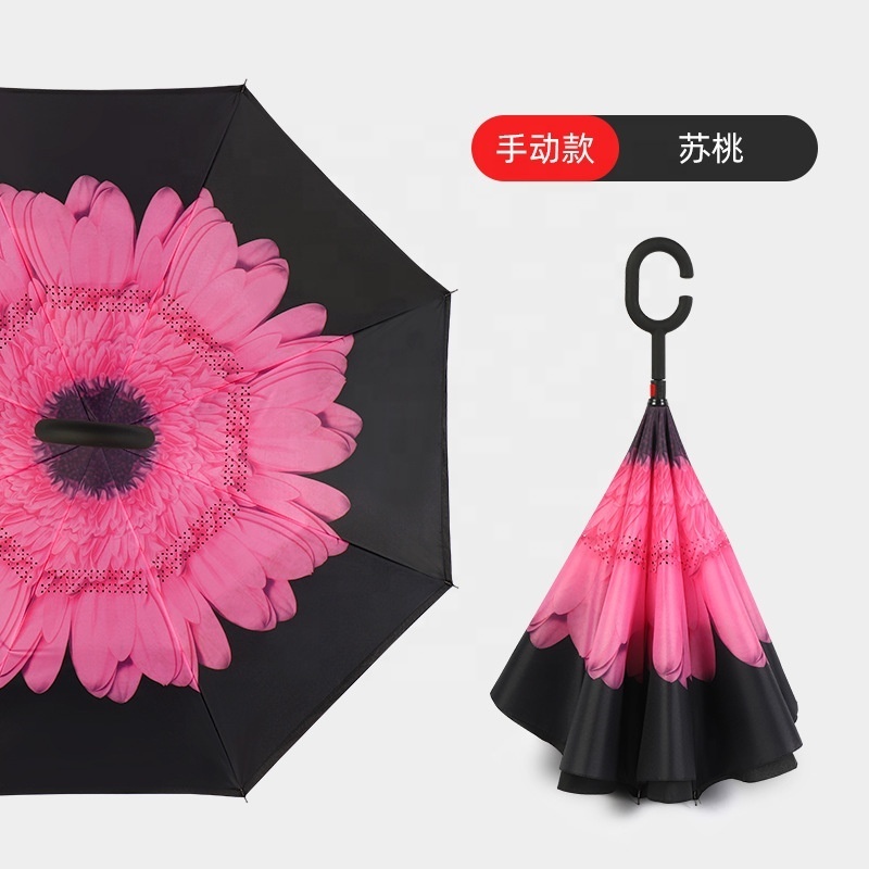 Semi-automatic Anti-ultraviolet Waterproof C Type Reverse Long Handle Straight Rod Car Umbrella Double Layer Inverted Umbrella