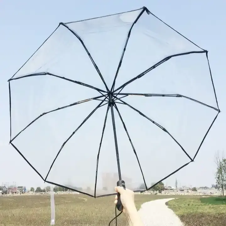 3 fold Clear Umbrella  Transparent Mushroom Shape  Lovely Cartoon J Shape Handle Straight Umbrella 16K For Wedding