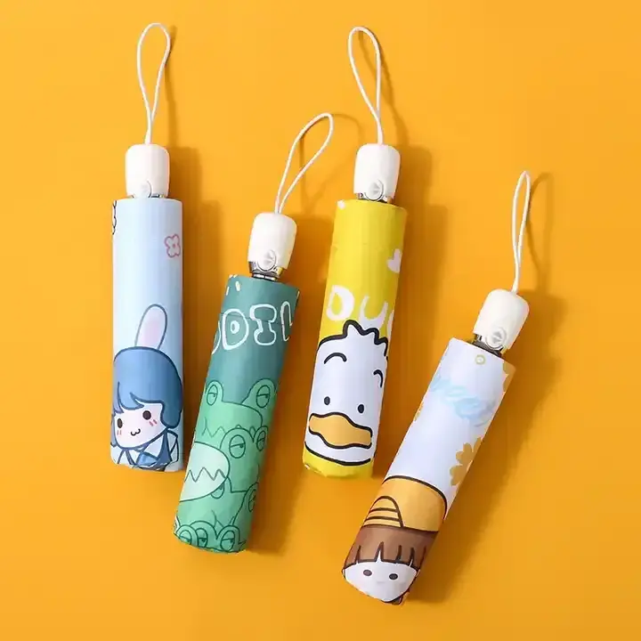 2023 Year New Arrival Ultra Light Cartoon Blue Duck 5-Folding Parasol Anti-UV Black Glue Super Tiny Pocket Automatic Umbrella