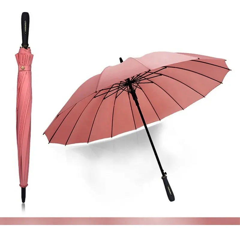 16 Bones Manufacturer Spot Supply Pink Green Grey High Quality 190T Pongee UV Proof Straight Rod Long Handle Golf Umbrellas