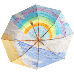 3 Fold Printed rainbow Sun Umbrella Black Coated Umbrella Uv Umbrellas For Woman