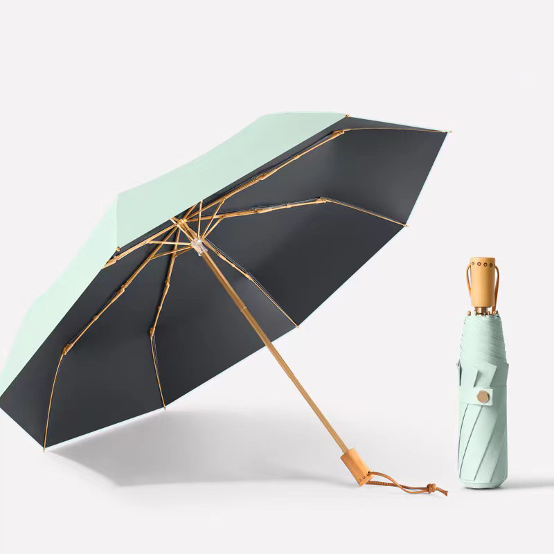 New Korean Fashion Compact Travel Wooden Handle Manual Open Three Fold Anti UV Sun and Rain Women's Umbrella