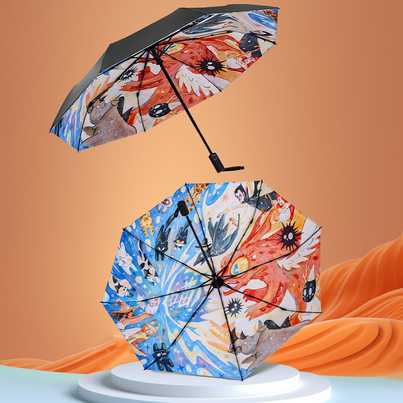 21 Inch 8 Bone Automatic Open 3 Fold Umbrella With Design Digital Printing Anime Umbrella