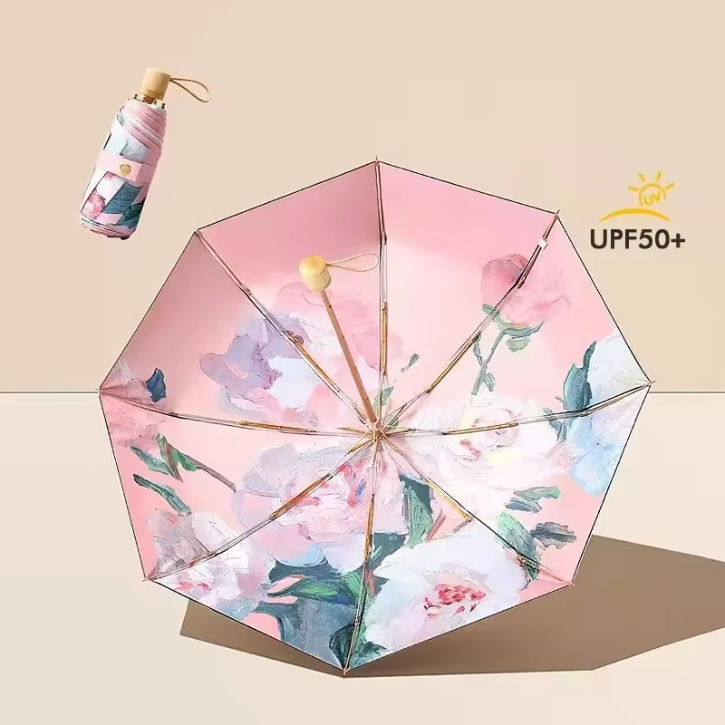 High-end Fashion Custom Digital Oil Painting Printing Insided Mini Umbrella Gifts Party Decoration Wooden Handle Umbrella