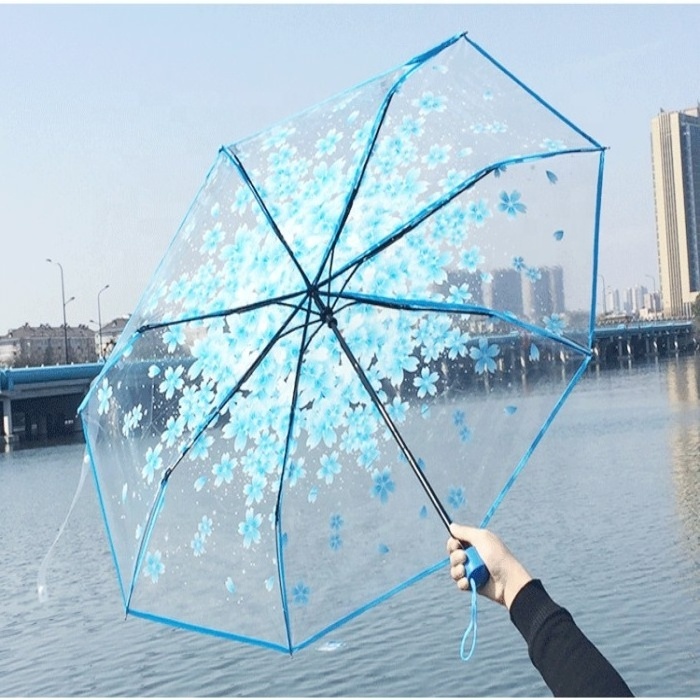 Umbrella Cherry Blossom Transparent Korean Creative Little Fresh Three Folding Carton Polyester Auto Open Hot Sale Multi-colors