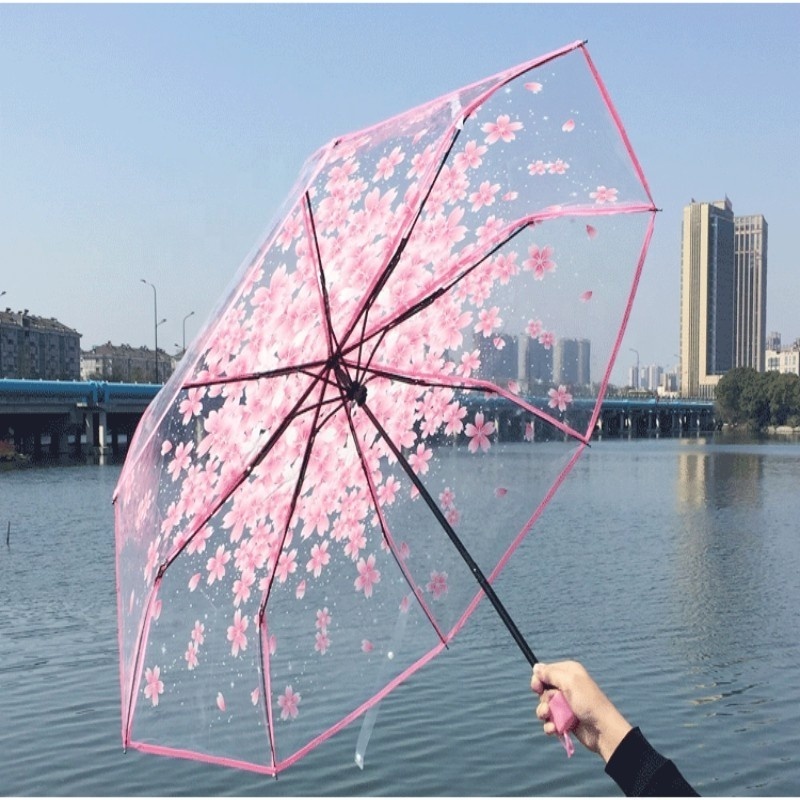 Umbrella Cherry Blossom Transparent Korean Creative Little Fresh Three Folding Carton Polyester Auto Open Hot Sale Multi-colors