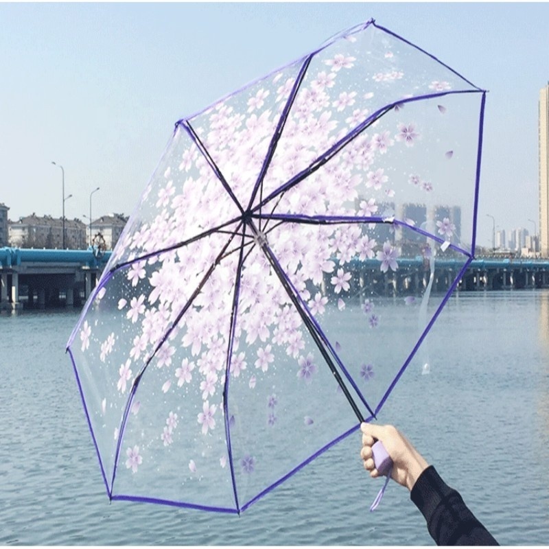 Umbrella Cherry Blossom Transparent Korean Creative Little Fresh Three Folding Carton Polyester Auto Open Hot Sale Multi-colors