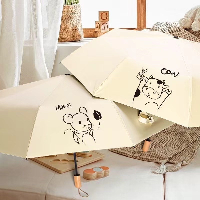 Novelty Personalized Portable Wind Proof Animals Printed Manual Sun Uv 3 Folding Umbrellas