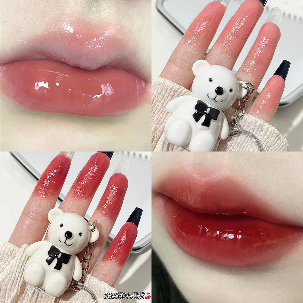 Private Label Art Value Cute Bear Key Chain Mirror Glossy Water Glow Lip Plumping Gloss Liquid Lip Stick