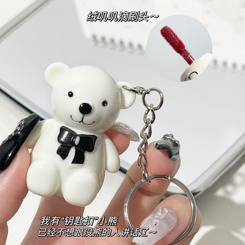 Private Label Art Value Cute Bear Key Chain Mirror Glossy Water Glow Lip Plumping Gloss Liquid Lip Stick