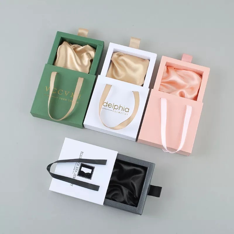 Custom Luxury White Printed Drawer Sliding Satin Jewelry Packaging Gift Box With Ribbon