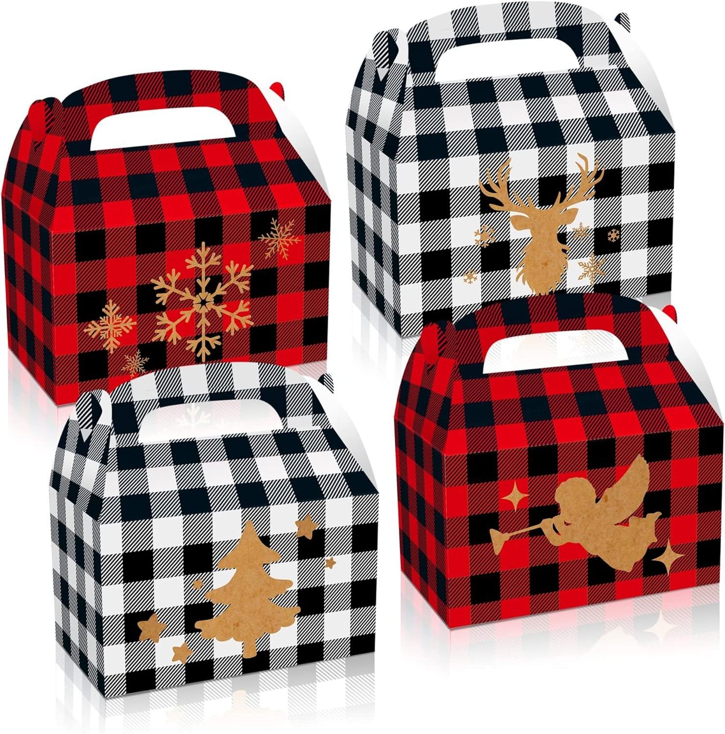 12Pcs Christmas Treat Boxes Merry Christmas Candy Goodie Favor Boxes Snowflake Elk Red and White Plaid Stripes Boxes