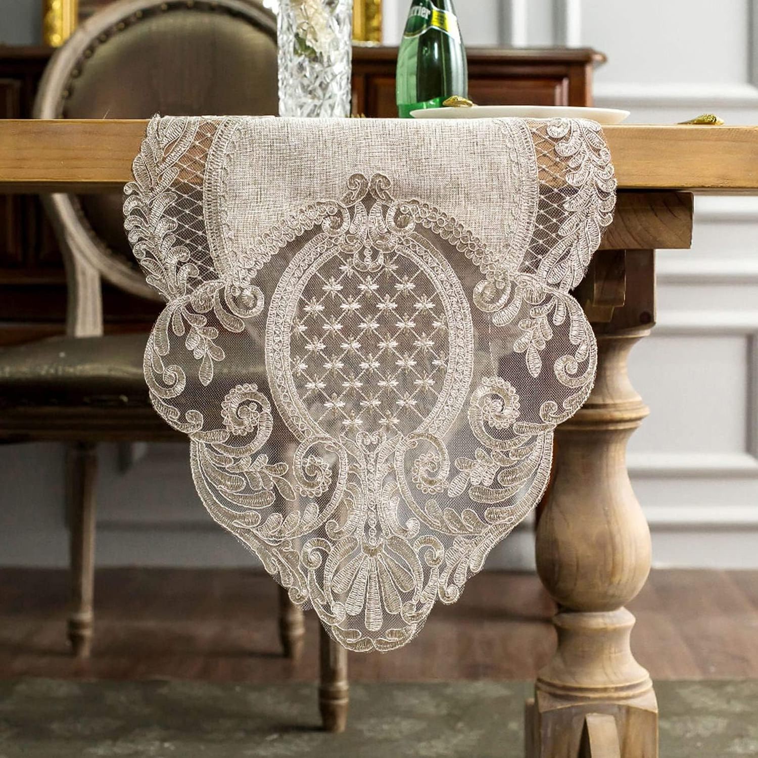 Lace Table Runner Rectangle Gray Cotton Linen Fabric Dresser Scarf Table Runner with Exquisite Macrame Embroidery for Decoration