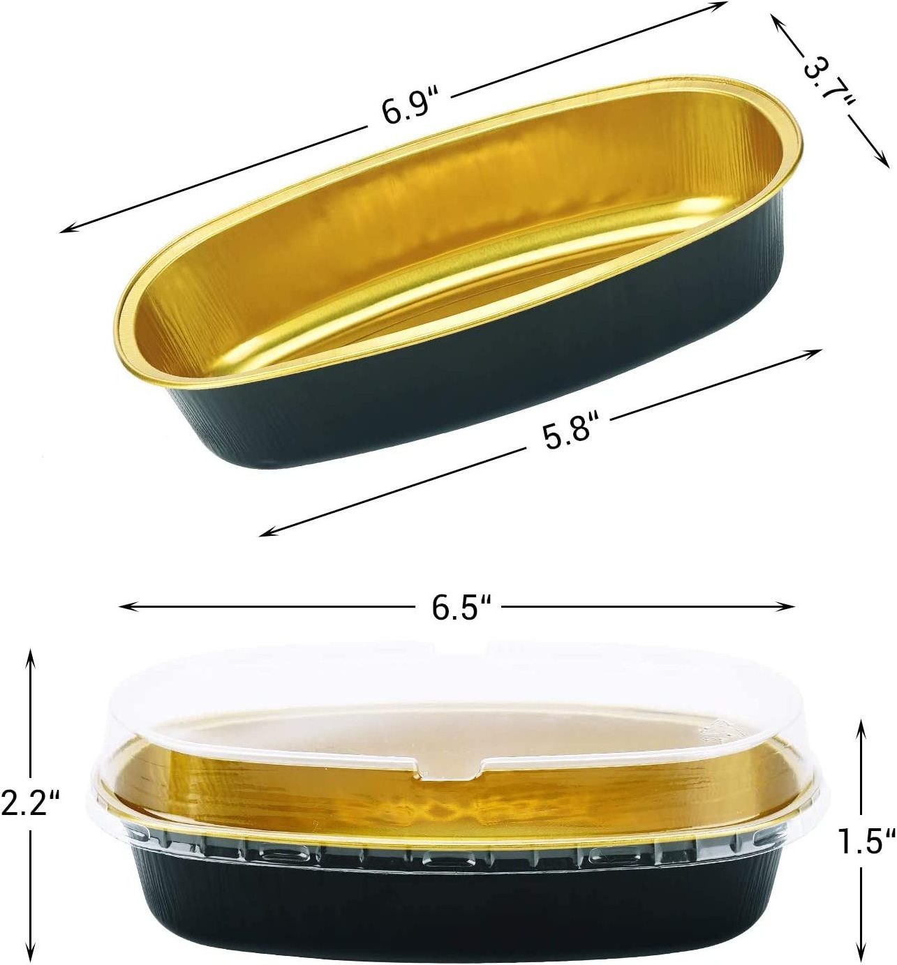 6 Inch 50 Pack Oval Cake Pan Oval Baking Pan Mini Loaf Pans Black Golden Disposable Baking Cups with Lids