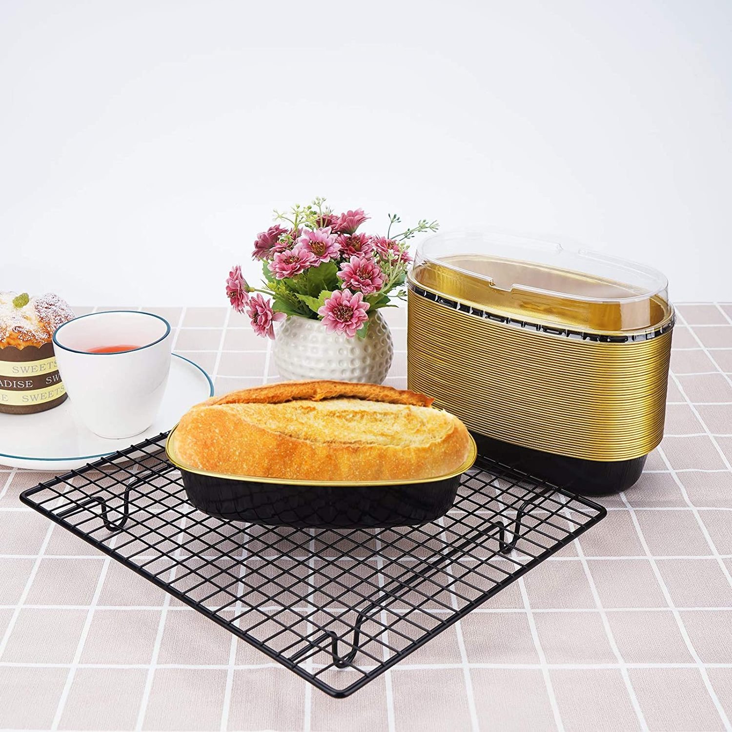 6 Inch 50 Pack Oval Cake Pan Oval Baking Pan Mini Loaf Pans Black Golden Disposable Baking Cups with Lids