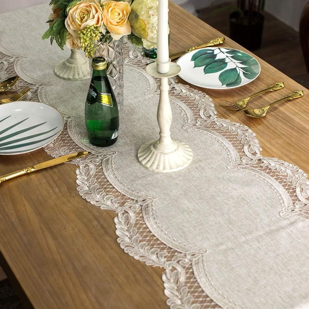 Lace Table Runner Rectangle Gray Cotton Linen Fabric Dresser Scarf Table Runner with Exquisite Macrame Embroidery for Decoration