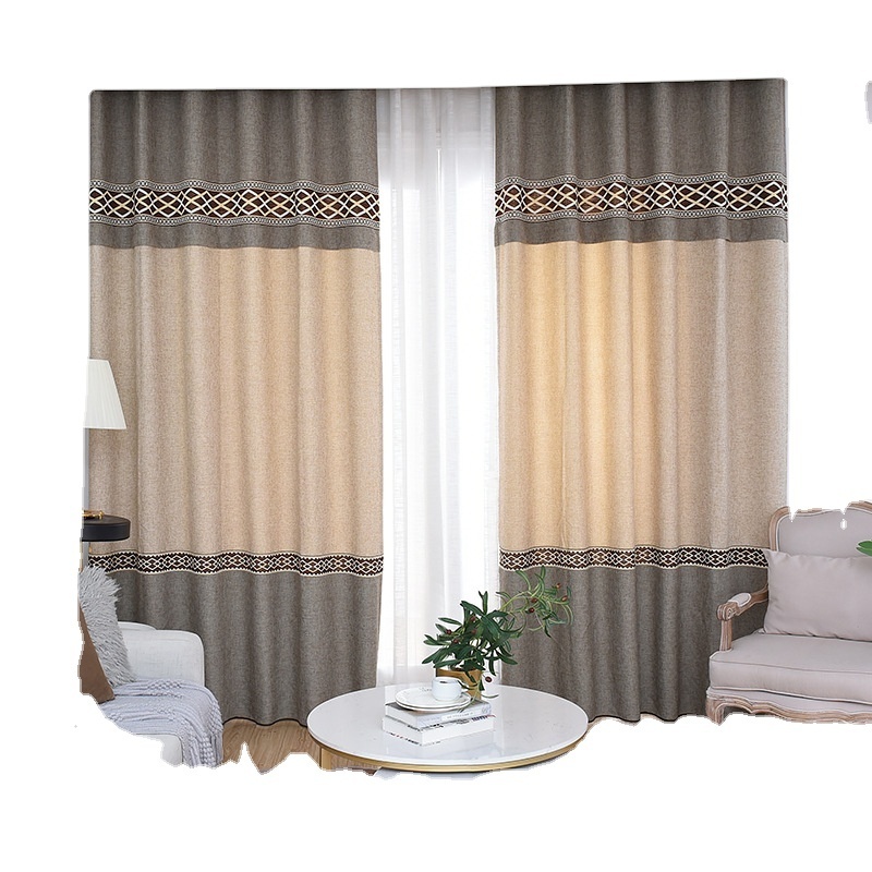 Wholesale Modern Minimalist Patchwork Curtain Finished Polyester Cotton Jacquard Blackout Perforated Curtain For Bedroom