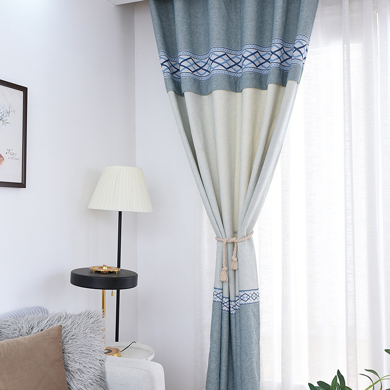 Wholesale Modern Minimalist Patchwork Curtain Finished Polyester Cotton Jacquard Blackout Perforated Curtain For Bedroom