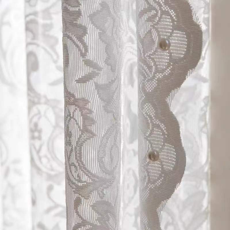 White Tulle French Pastoral Beaded Lace Curtain,Online Natural Light White Net Curtain Transparent