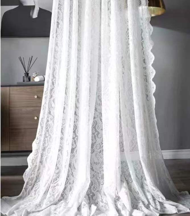 White Tulle French Pastoral Beaded Lace Curtain,Online Natural Light White Net Curtain Transparent