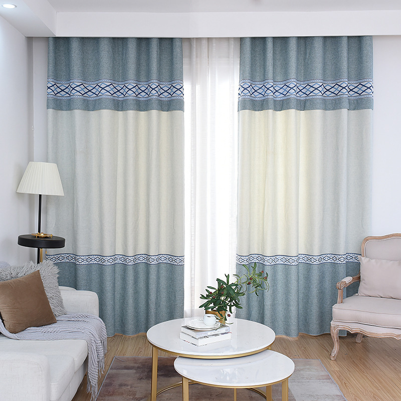 Wholesale Modern Minimalist Patchwork Curtain Finished Polyester Cotton Jacquard Blackout Perforated Curtain For Bedroom