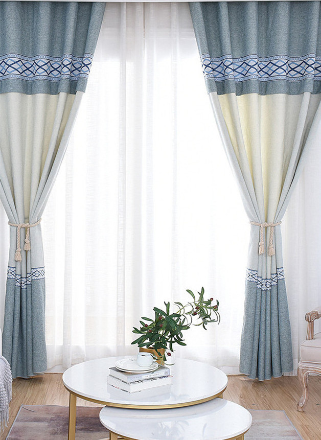 Wholesale Modern Minimalist Patchwork Curtain Finished Polyester Cotton Jacquard Blackout Perforated Curtain For Bedroom