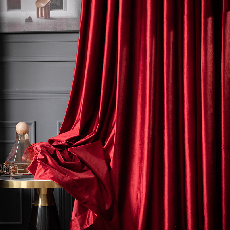 High Quality Thickened Light Luxury Red Velvet Curtain Blackout Solid Color Grommet Noise Reducing Curtain Fabric For Stage