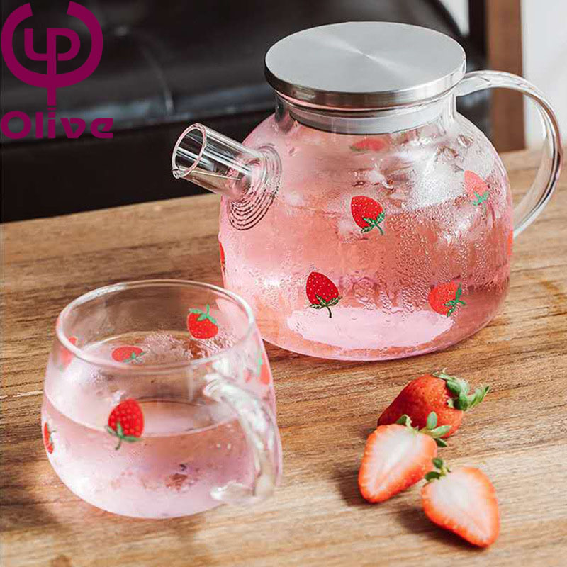 Strawberry glass tea pot cold kettle cute flower and fruit glass tea set Nordic style creative girl heart glass tea cups