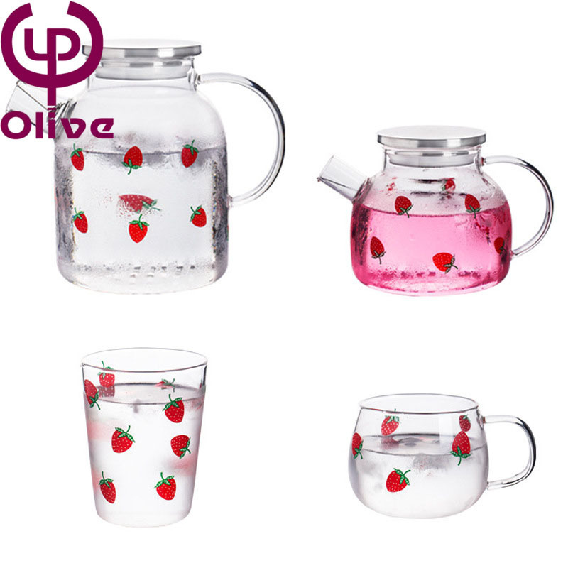 Strawberry glass tea pot cold kettle cute flower and fruit glass tea set Nordic style creative girl heart glass tea cups