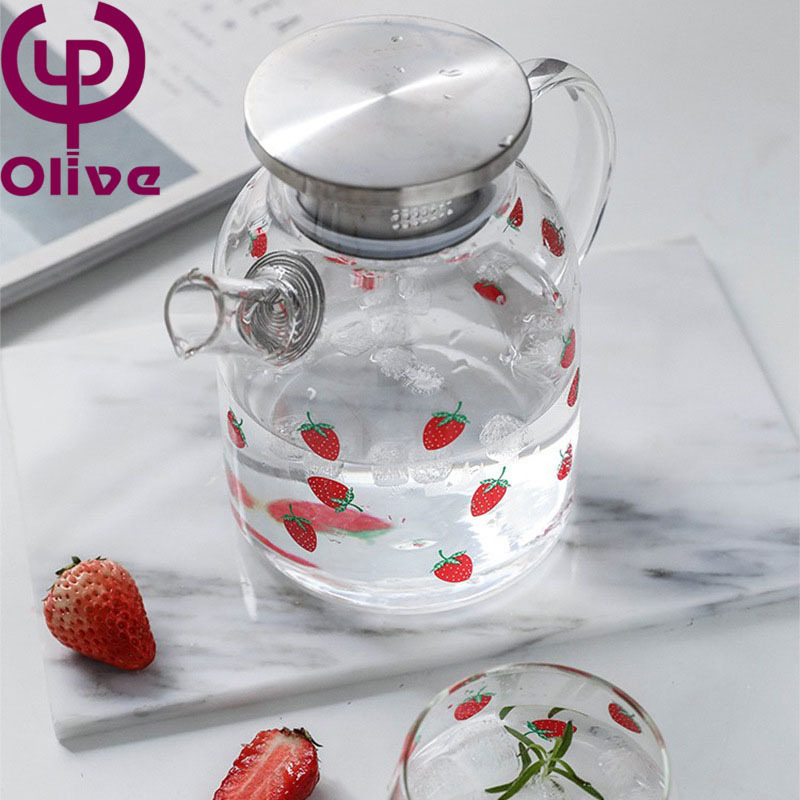 Strawberry glass tea pot cold kettle cute flower and fruit glass tea set Nordic style creative girl heart glass tea cups