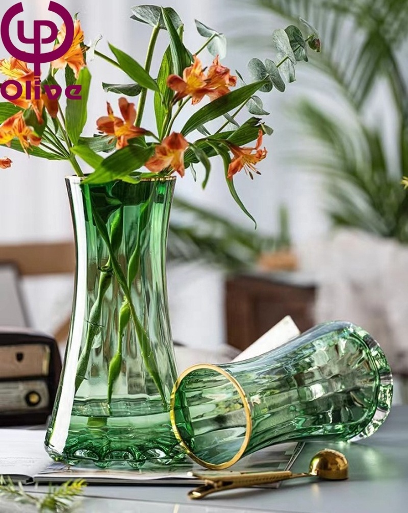 Home Decoration Transparent Grey Green Luxury Vase Hand Blown Hydroponic Glass Flower Vase Nordic Waist Gold Rim Vintage Vase