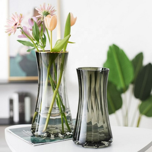 Home Decoration Transparent Grey Green Luxury Vase Hand Blown Hydroponic Glass Flower Vase Nordic Waist Gold Rim Vintage Vase