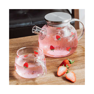 Strawberry glass tea pot cold kettle cute flower and fruit glass tea set Nordic style creative girl heart glass tea cups