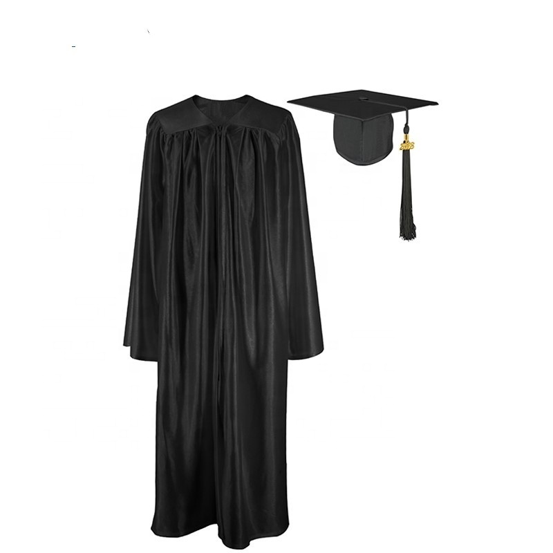 Wholesale Black Shiny  bachelor gown  academic gown   Graduation Gown  And Cap