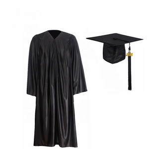 Wholesale Black Shiny  bachelor gown  academic gown   Graduation Gown  And Cap