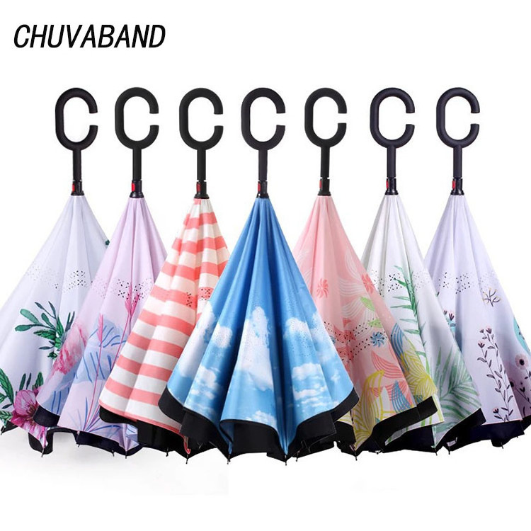 CHUVABAND New Wholesale Custom Logo Printed Double Fabric Windproof C shape Handle Upside Down Inverted Reverse Rain Umbrella