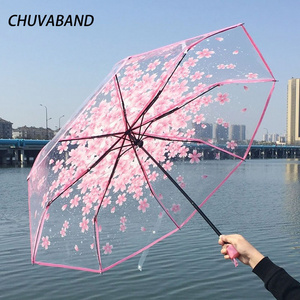 CHUVABAND 21 Inch 8 K 3 Folding Transparent Umbrellas Manual Open Sunny Rainy Umbrella For Women Flowers Pattern Parasol